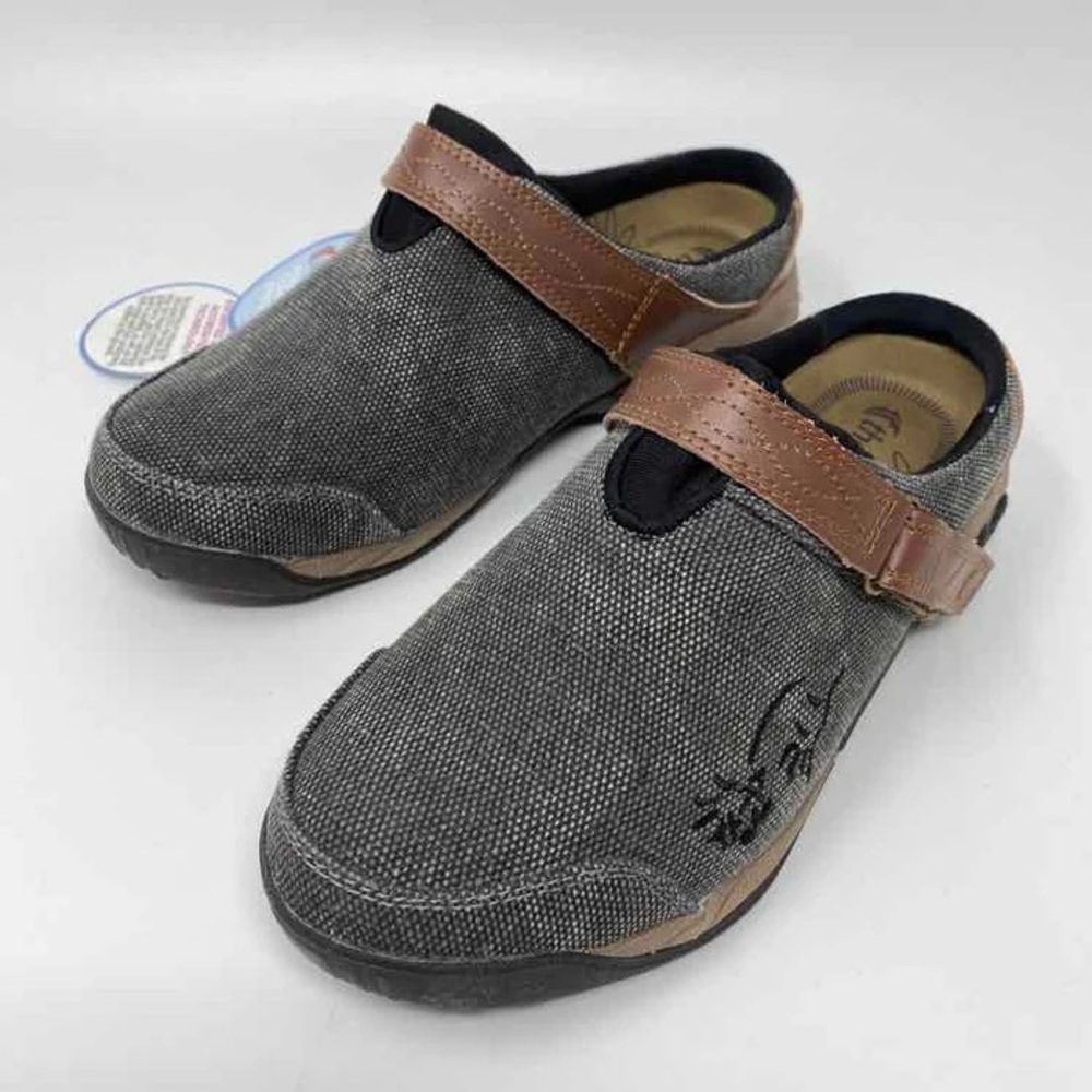 Therafit Womens Size 7 Austin Black Gray Canvas Clog Slip On Brown Leather Trim